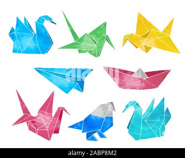 Origami Hand gezeichnet Vektor einrichten, Aquarell Stil, Ordner, Papier kunst Farbe Tiere, Vögel, Schiff, Flugzeug Formen auf weißem Hintergrund Stock Vektor