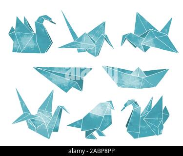 Origami Hand gezeichnet Vektor einrichten, Aquarell Stil, Ordner, Papier kunst Farbe Tiere, Vögel, Schiff, Flugzeug Formen auf weißem Hintergrund Stock Vektor