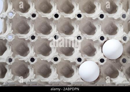 Zwei huhn eier in einem weißen Karton Container liegen auf einem beige Küche aus Holz Tisch. Stockfoto