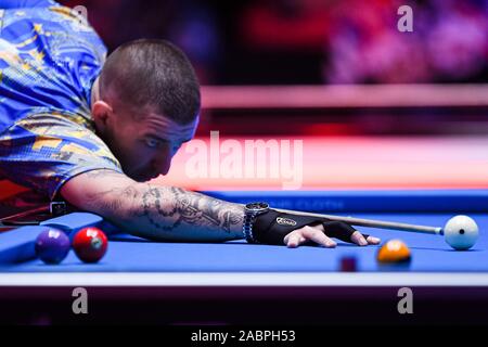 LAS VEGAS, USA. 28 Nov, 2019. Eine Tätowierung auf Jayson ShowÕs linken Arm während der letzten Sitzung der MOSCONI CUP XXVI im Mandalay Bay am Donnerstag, 28. November 2019 in LAS VEGAS USA. Credit: Taka G Wu/Alamy leben Nachrichten Stockfoto