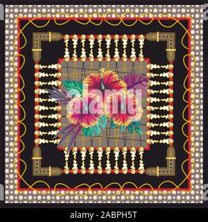 Bunte ornamentale Blumen Schal Muster. Polka Dots, Taschentuch, Kissen, Schal, Halstuch. - Vektor Stock Vektor