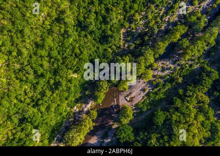 Luftaufnahme von Cuchujaqui Fluss in der Monte Mojino Reserve mit einem Ökosystem von niedrigen Laubwald, in der Sierra de Alamos Flora und Fauna schutz Bereich Cuchujaqui Fluss ist einer der 39 Flora und Fauna Schutzgebiete in Mexiko. © (© Foto: LuisGutierrez/NortePhoto.com) vista Aerea de Río Cuchujaqui en la Reserva Monte Mojino con ecosistema de Selva baja caducifolia, Dentro del área de Protección de Flora y Fauna Sierra de Alamos Río Cuchujaqui es una de las 39 Áreas de Protección de Flora y Fauna de México. © (© Foto: LuisGutierrez/NortePhoto.com) Stockfoto