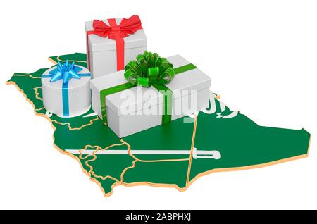 Geschenkboxen auf der saudi-arabischen Karte. Weihnachten und Neujahr Urlaub in Saudi-arabien Konzept. 3D-r Stockfoto