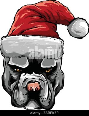 Weihnachtskarte. Poster von portrait Bulldogge in einem Santa s hat. Vector Illustration. Stock Vektor