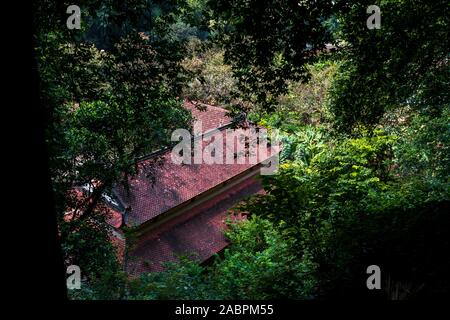 Eine geheime buddhistischen Tempel entfernt im Regen ausgeblendet - Wald von Tam Coc, Vietnam Stockfoto