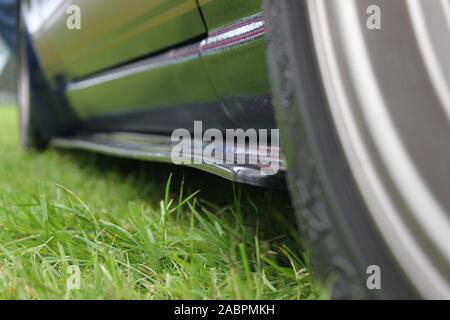 Seitenrock, der an der Seite eines Autos läuft, das auf einem Grasfeld sitzt Stockfoto