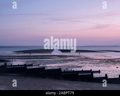Oyster Gerüste bei Ebbe Whitstable Kent UK in der Dämmerung Stockfoto