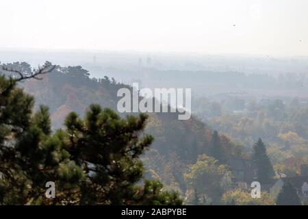 Blick auf den nebligen Balatonboglar, Ungarn vom Aussichtsturm auf einen Herbst Tag. Stockfoto