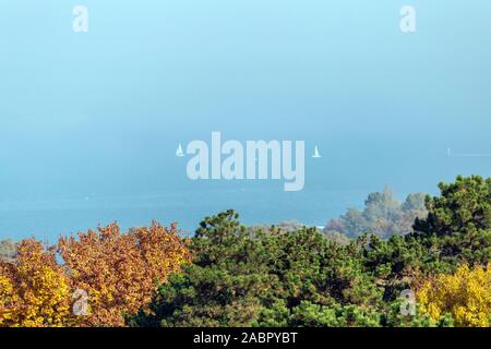 Blick auf den nebligen Balaton vom Aussichtsturm von balatonboglar an einem Herbsttag. Stockfoto