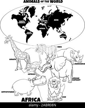 Schwarze und Weiße pädagogische Cartoon Illustration der afrikanischen Tiere und Weltkarte mit Kontinenten Malbuch Seite Stock Vektor