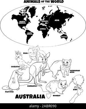 Schwarze und Weiße pädagogische Cartoon Illustration der australische Tiere und Weltkarte mit Kontinenten Malbuch Seite Stock Vektor