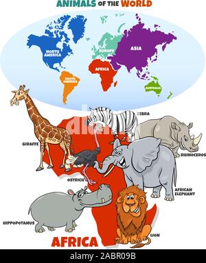 Pädagogische Cartoon Illustration der afrikanischen Tiere und Weltkarte mit Kontinenten Stock Vektor