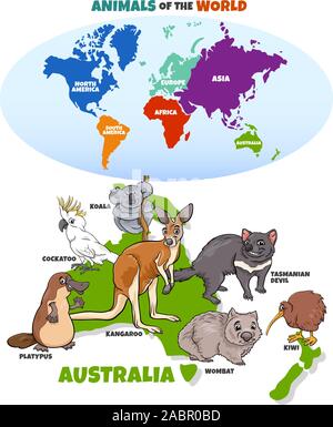 Pädagogische Cartoon Illustration der australische Tiere und Weltkarte mit Kontinenten Stock Vektor