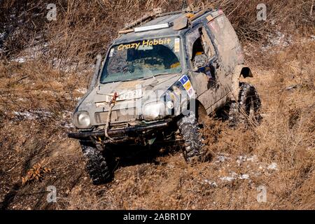 Jeep Suzuki Jimny überwindet Hindernisse in den Wald Stockfoto