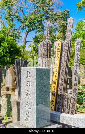 Tokyo, Japan - 28 September, 2019: Blick auf alte Grabsteine und Sotoba Holz Marker, die yanaka Friedhof Park, Tokio, Japan Stockfoto