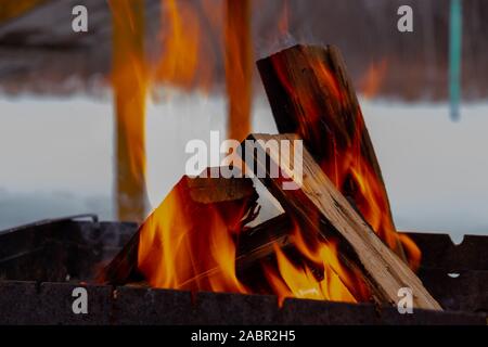In den Grill Verbrennen von Holz. Vorbereitung Kohlen für Grill Stockfoto