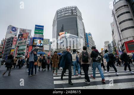 Japaner und Touristen überqueren bei Regenwetter die berühmte Shibuya Scramble Kreuzung. Shibuya, Tokio, Japan. Stockfoto