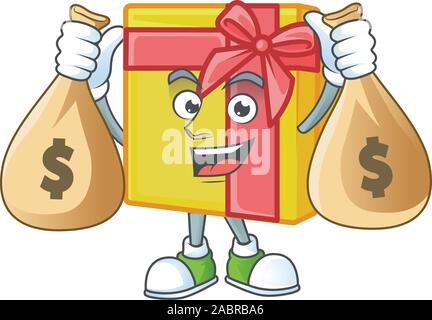 Niedliche gelbe Box Geschenk cartoon Charakter smiley mit Geld beutel Stock Vektor