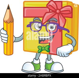 Cool smart Student gelber Geschenkbox Charakter holding Bleistift Stock Vektor