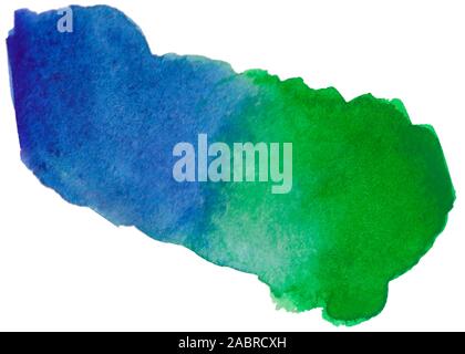 Abstrakte aquarell Fleck auf weissem Hintergrund. Hand gezeichnet Pinselstrich. Die blauen und grünen Farbverlauf Splatter. Hellen Hintergrund mit Platz für Kopieren Stockfoto