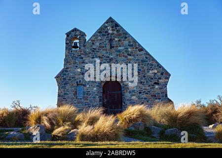 Die Fassade aus Stein auf die berühmte Kirche des Guten Hirten am Lake Tekapo in Neuseeland Stockfoto