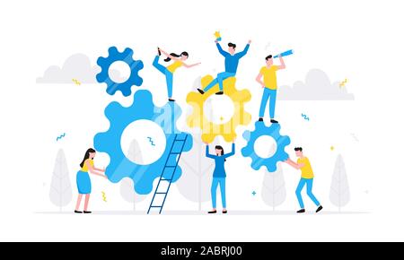 Teamwork Konzept mit kleinen Menschen Figuren gemeinsam mit großen Zahnräder Kettenräder einstellungen Symbole. Teamarbeit und Zeitmanagement Konzept flachbild Styl Stock Vektor