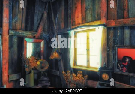 Vintage Stillleben mit Fenster, Sonne und Blumen. Stockfoto