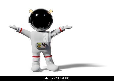 Astronaut mit erhobenen Händen, 3d Comicfigur präsentiert Stockfoto