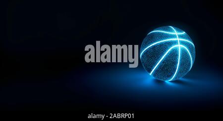 3D-Rendering von kreativen Basketball mit Blauer neon Nähte auf einem midnight blue Hintergrund werfen ein Licht auf der Oberfläche unten mit Kopie Raum Stockfoto