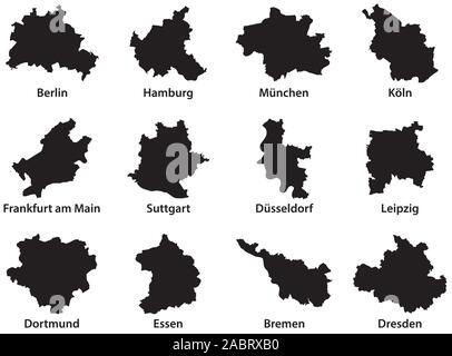 Schwarzer Outline maps der 12 bevölkerungsreichsten Städte der Bundesrepublik Deutschland. Stock Vektor