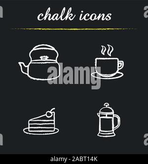 Tee und Kaffee chalk Symbole gesetzt. Wasserkocher, dampfenden Tasse auf Platte, Schokolade Kuchen Stück, französische Presse Illustrationen. Isolierte vektor Schiefertafel Zeichnungen Stock Vektor