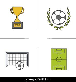 Fussball-EM color Symbole gesetzt. Sieger Pokal, Fußball-Ball im Lorbeerkranz, Tore und Feld. Isolierte Vektorgrafiken Stock Vektor