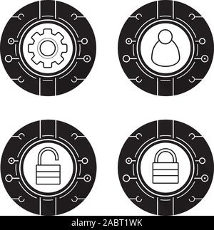 Cyber Security Icons einstellen. Zugriff verweigert, Netzwerk admin, Einstellungen, Zugriff gewährt. Digitale Symbole. Vektor weiss Abbildungen in schwarzen Kreisen Stock Vektor