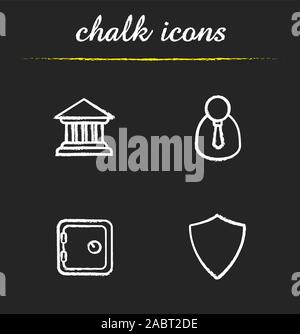 Banking chalk Symbole gesetzt. Bank Gebäude, Manager, Safe und Schild. Finanzielle Sicherheit. Isolierte vektor Tafel Abbildungen Stock Vektor
