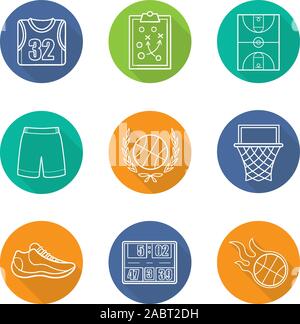 Basketball Flachbild lineare lange Schatten Symbole gesetzt. Shirt, Shorts und Schuh, Spielplan, Feld, Hoop, brennende Kugel, Anzeiger. Vektor linie Symbole Stock Vektor