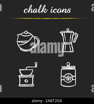 Tee und Kaffee chalk Symbole gesetzt. Teekanne, vintage Kaffeebohnen Kaffeemühle, Kaffee jar, moka Pot. Isolierte vektor Tafel Abbildungen Stock Vektor