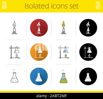 Schule chemisches Labor Ausrüstung Symbole gesetzt. Flache Bauweise, linear, Schwarz und Farbe. Ring stand mit Kolben, chemische Reaktion, Lab Brenner. Isolierte v Stock Vektor