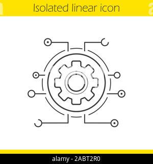 Einstellungen digital linear Symbol. Dünne Linie Abbildung. Gang Kontur Symbol. Zahnrad in microchip Pathways. Cyber-Technologie. Vektor isoliert Umriss d Stock Vektor
