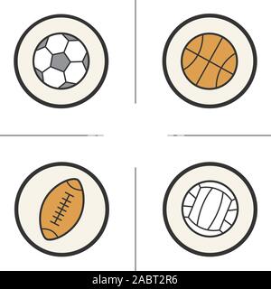 Sport Bälle Farbe Symbole gesetzt. Volleyball, Basketball, Fußball und Rugby Bälle. Isolierte Vektorgrafiken Stock Vektor