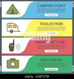 Camping Tourismus banner Vorlagen eingestellt. Einfach zu bearbeiten. Zelt, Trailer, walkie talkie, Erste Hilfe Kit. Website Menüpunkte. Farbe Web Banner. Vektor Kopf Stock Vektor