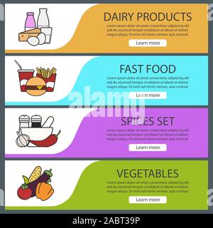 Produkte Kategorien banner Vorlagen eingestellt. Einfach zu bearbeiten. Fastfood, Gewürze, Gemüse, Milchprodukte. Website Menüpunkte. Farbe Web Banner. Vektor hea Stock Vektor