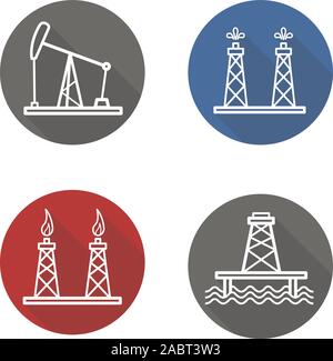 Erdölindustrie Flachbild lineare lange Schatten Symbole gesetzt. Gas- und Kraftstoffproduktion Plattformen, fossile Brennstoffe Ritze, Erdöl offshore Meer gut. Vektor linie Symbole Stock Vektor