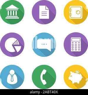 Banken und Finanzen flache Bauweise lange Schatten Symbole gesetzt. Bank Gebäude, Courthouse, Dokument, Zimmersafe, Prozentsatz Schaltplan, Chat Box, Taschenrechner Stock Vektor