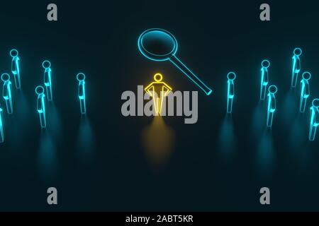 Auf der Suche nach bunten Spielfiguren mit Lupe auf der reflektierenden Schreibtisch. Auswahl und Suche nach einem Mitarbeiter oder Kunden. 3D-Rendering Stockfoto