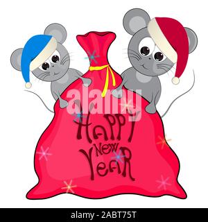 Frohes neues Jahr Grußkarte. Mäuse und Tasche mit Geschenken. Vector Illustration. Stock Vektor