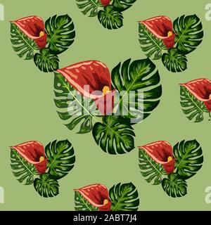 Nahtlose Muster mit tropischen Blättern und callas Lilien Blumen. Dunkle und helle grüne Palmenblättern, nahtlose Muster. Stock Vektor