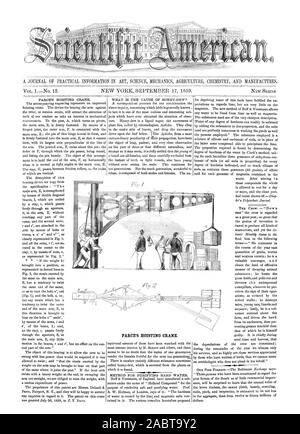 Eine ZEITSCHRIFT FÜR PRAKTISCHE INFORMATIONEN IN WISSENSCHAFT MECHANIK LANDWIRTSCHAFT CHEMIE UND PRODUZIERT. PARCES HEBEKRAN., Scientific American, 1859-09-17 Stockfoto