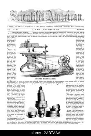 Eine ZEITSCHRIFT FÜR PRAKTISCHE INFORMATIONEN IN WISSENSCHAFT MECHANIK LANDWIRTSCHAFT CHEMIE UND PRODUZIERT. Verbesserte SPRITZGIESSMASCHINE., Scientific American, 1859-11-19 Stockfoto
