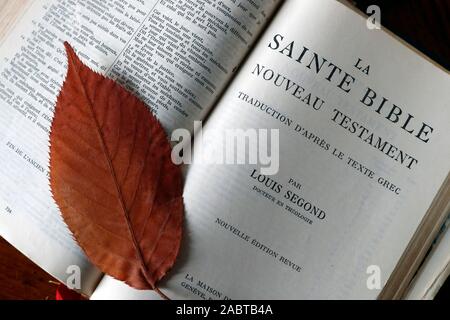 Alte Bibel mit einem trockenen Blatt öffnen. Frankreich. Stockfoto