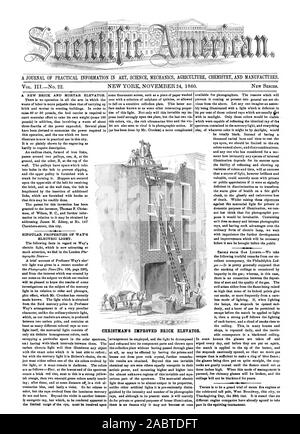 Eine ZEITSCHRIFT FÜR PRAKTISCHE INFORMATIONEN IN WISSENSCHAFT MECHANIK LANDWIRTSCHAFT CHEMIE UND PRODUZIERT. Die CHRISTMAN VERBESSERTE BRICK AUFZUG., Scientific American, 1860-11-24 Stockfoto
